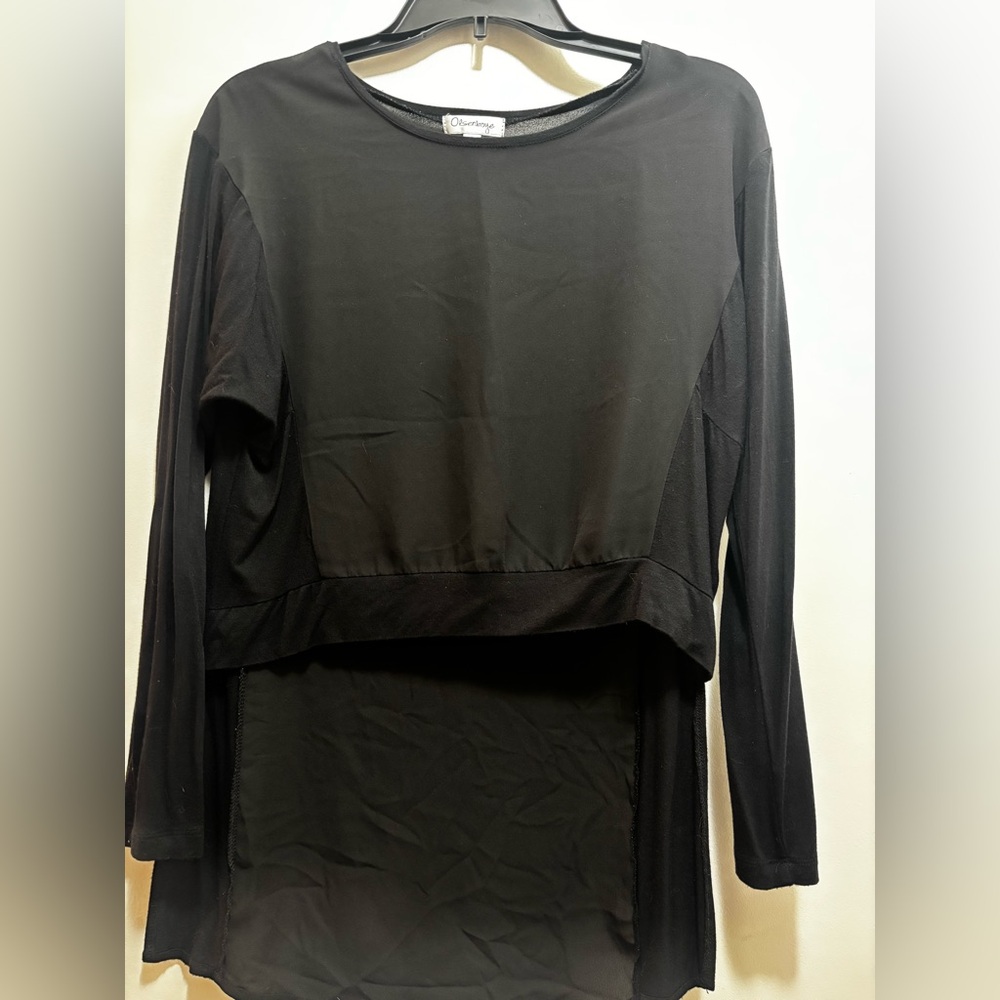 Olsenboye Black Sheer Long Sleeve Top-High Low Hem – Cropped Front- SM